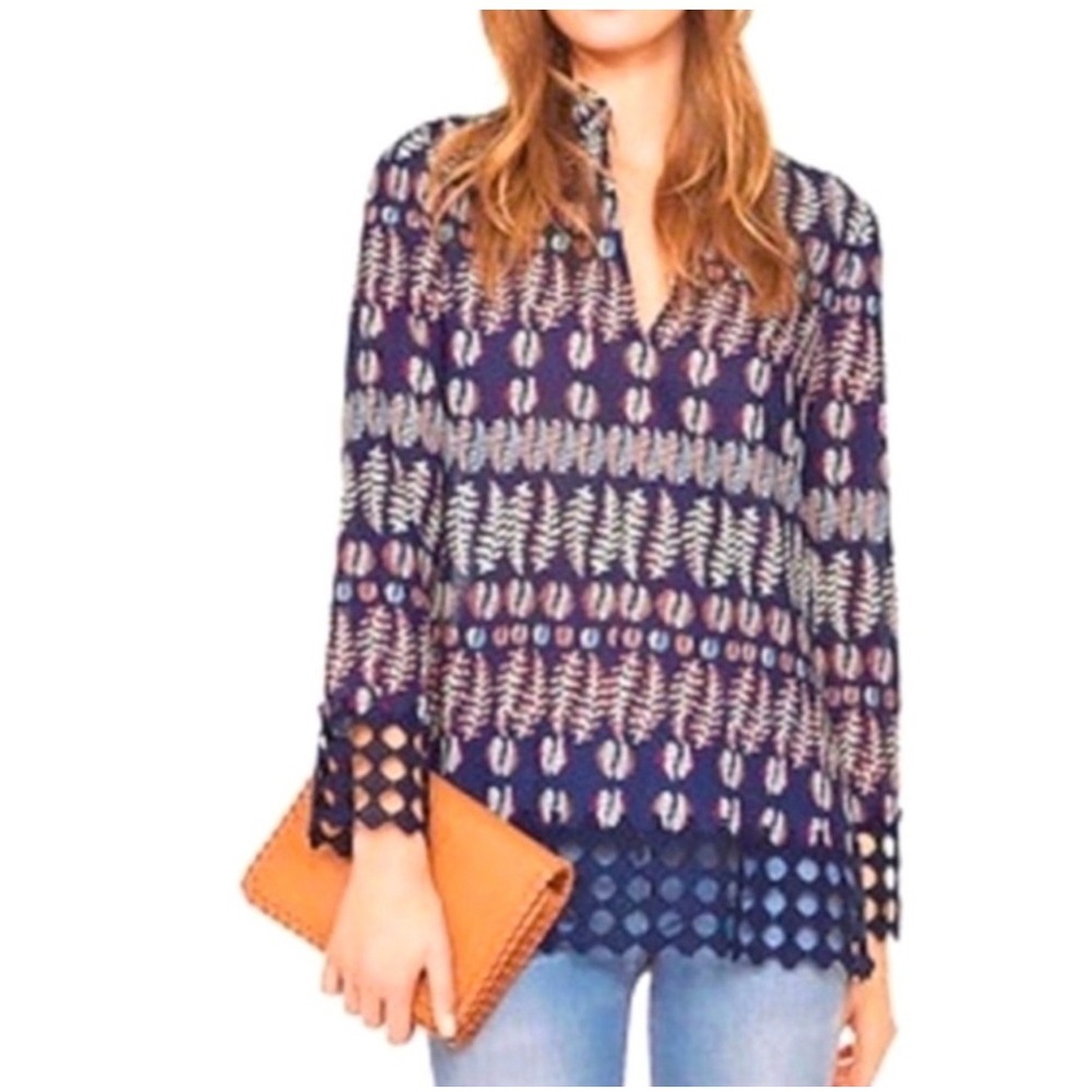 Tory Burch‎ Fern Print Crochet Lace Tunic Top Blue Size 4 Cotton Boho
